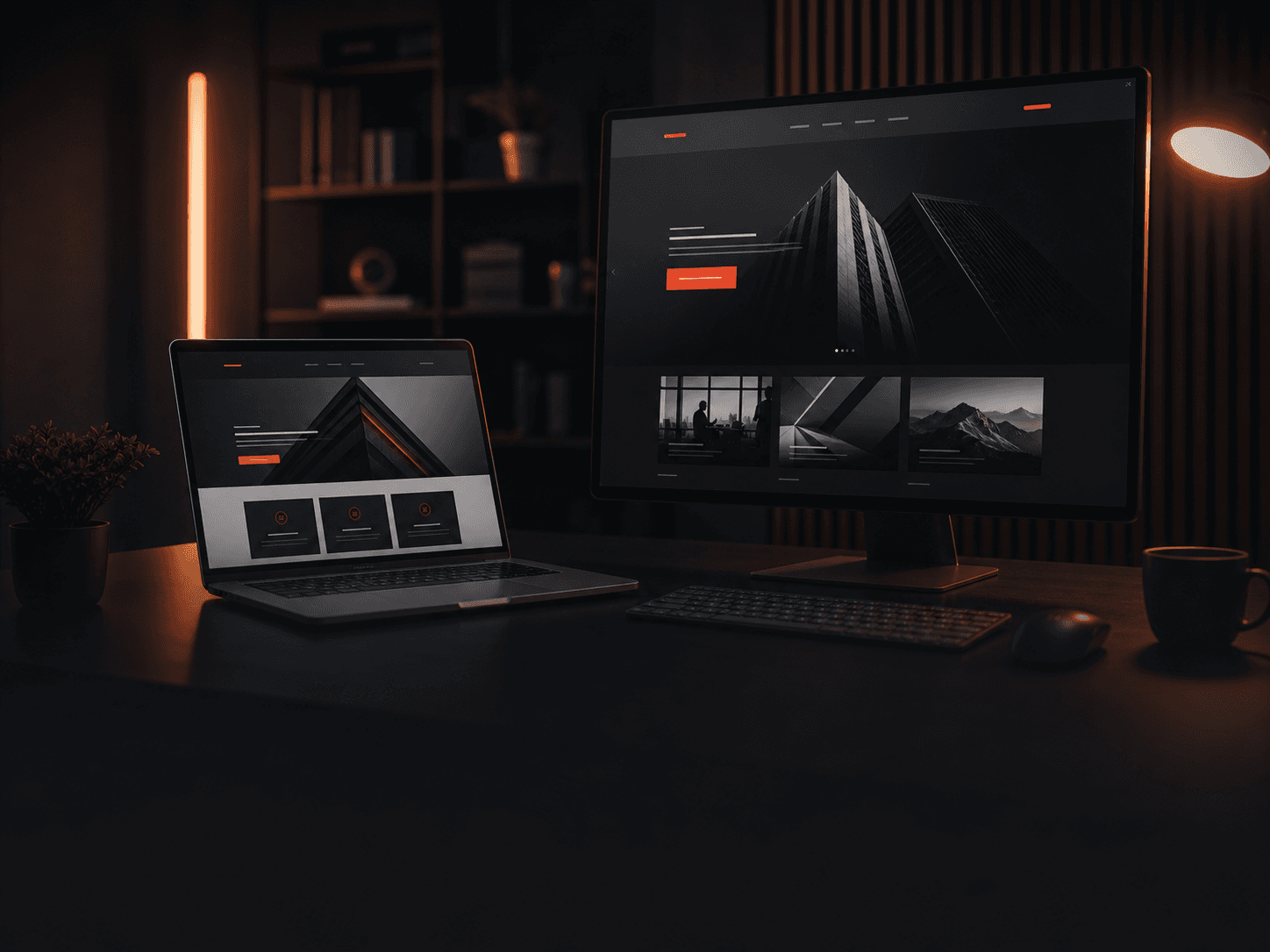 Responsive Unternehmenswebsite auf Monitoren in dunklem Studio-Setup